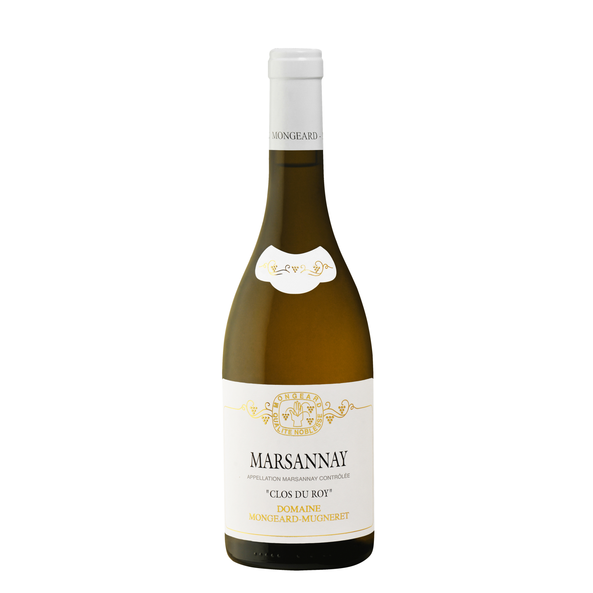 Mongeard Mugneret Marsannay Village Clos Du Roy Blanc AOC wine bottle with elegant label on a white background.