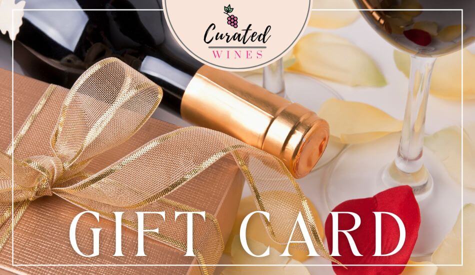 Curated Wines Gift Card displayed with a wine bottle, wine glasses, and a beautiful gift box.