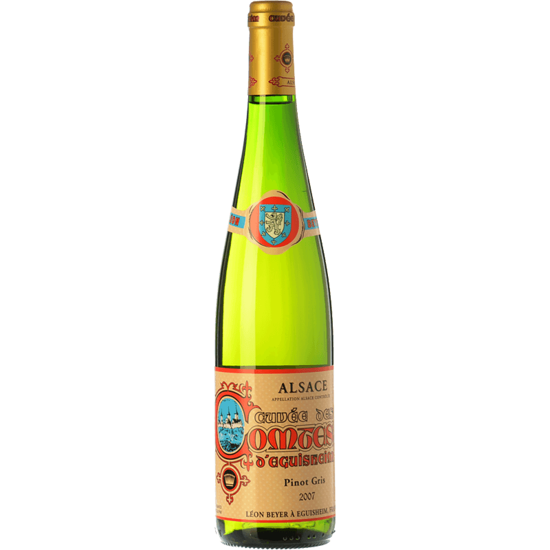 Leon Beyer Pinot Gris Comtes D'Eguisheim AOC wine bottle with vibrant green label and classic design.
