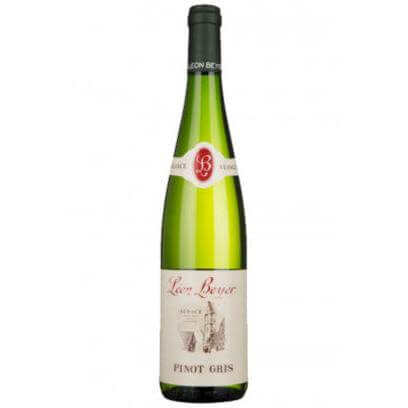 Leon Beyer Pinot Gris AOC wine bottle with pale gold color, showcasing refinement and elegance from Alsace.