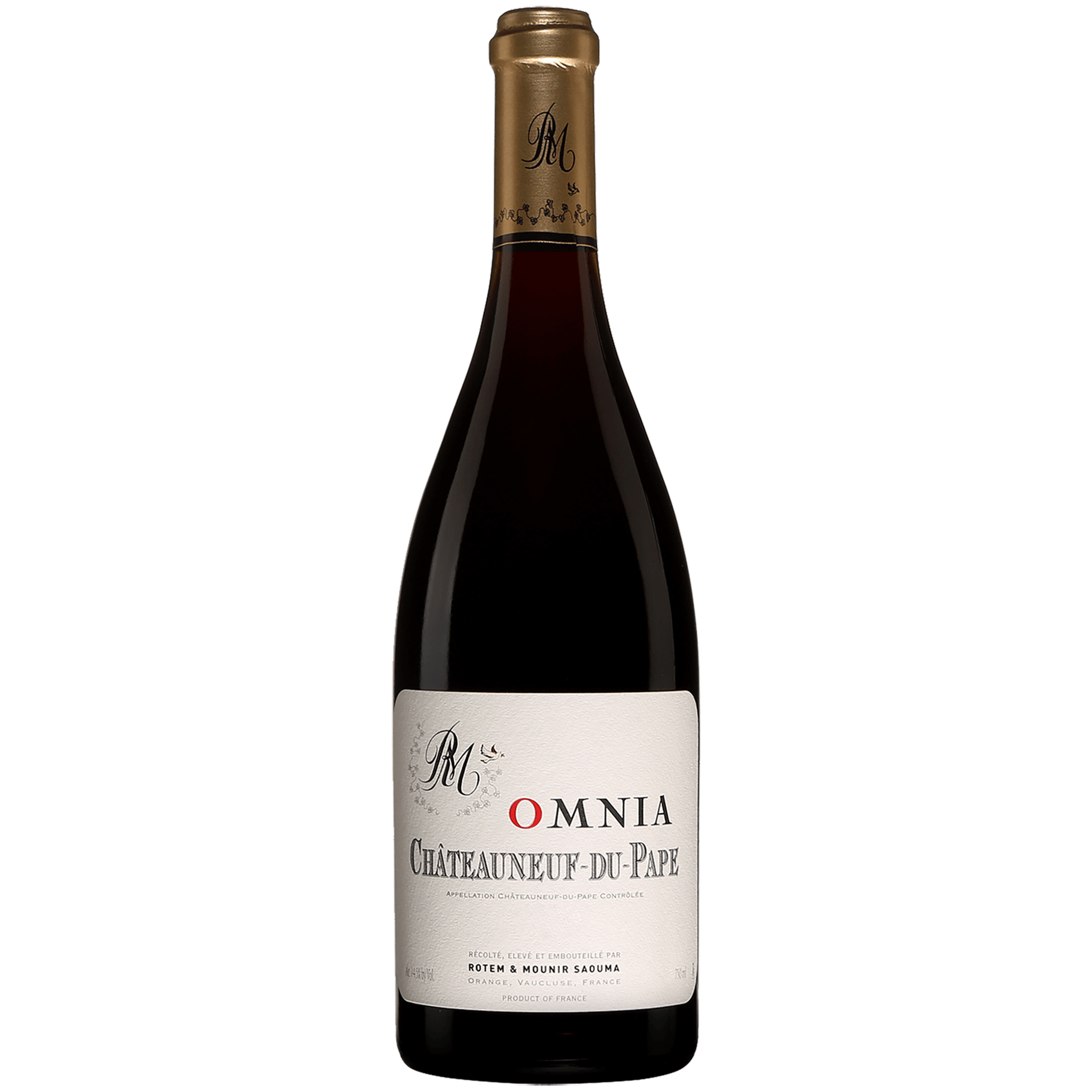 Rotem & Mounir Saouma "Omnia Clos Saouma" Chateauneuf Du Pape Rouge wine bottle on white background.