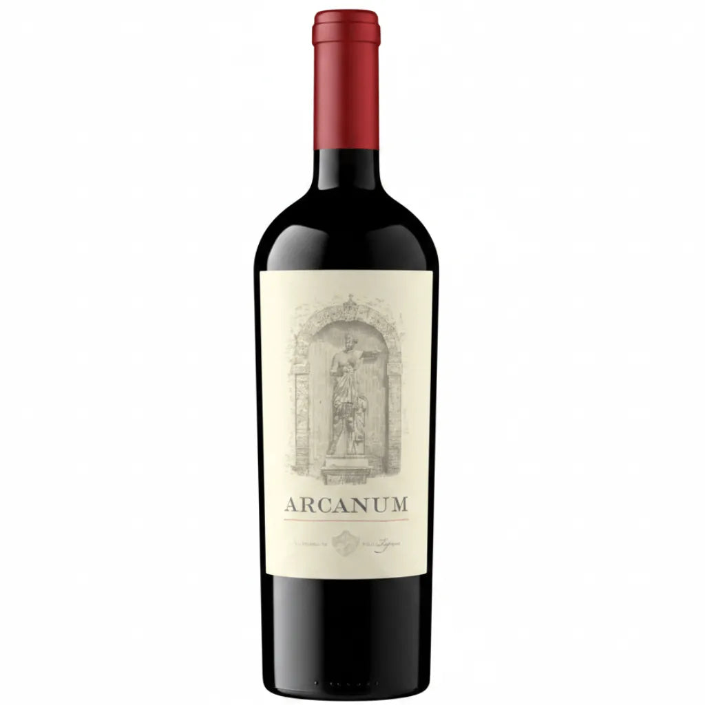 Arcanum Toscana Super Tuscan wine bottle with a red foil top and a label depicting a classical statue