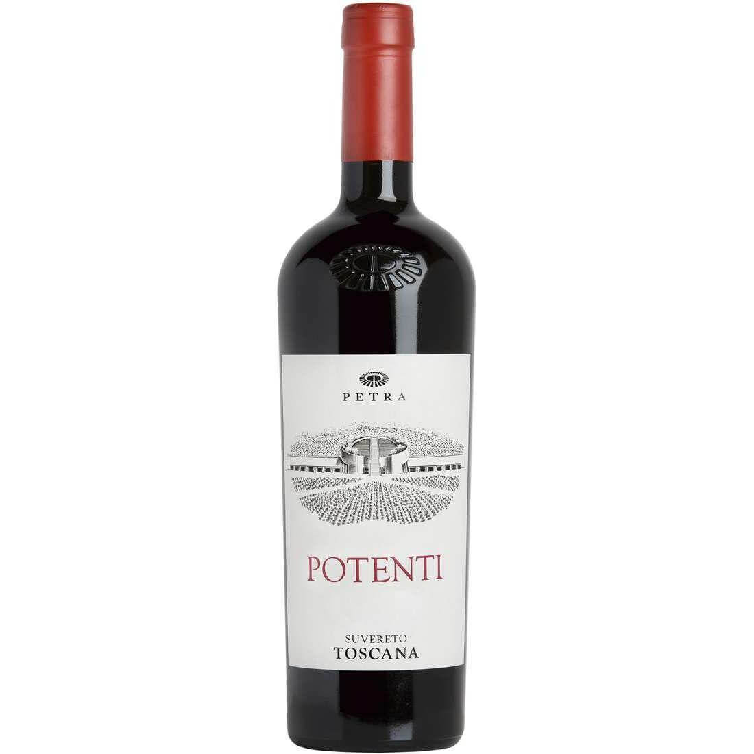 Petra Potenti IGT Toscana bold red wine bottle, featuring rich flavors of blackberries and oak aged complexity.