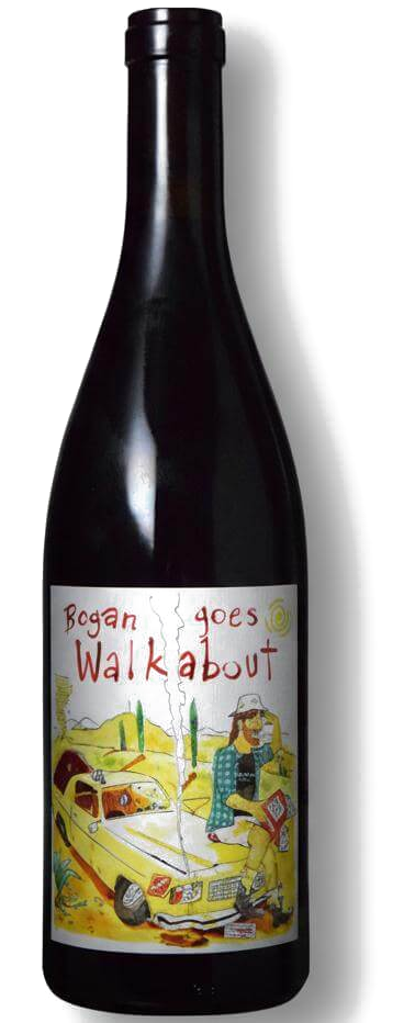 Mark Haisma Bogan Goes Walkabout wine bottle with a colorful label showing a person next to a yellow car