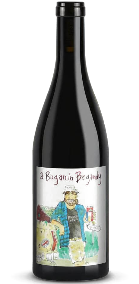 Mark Haisma Bogan In Bogandy Coteaux Bourguignons red wine bottle with a cartoon label