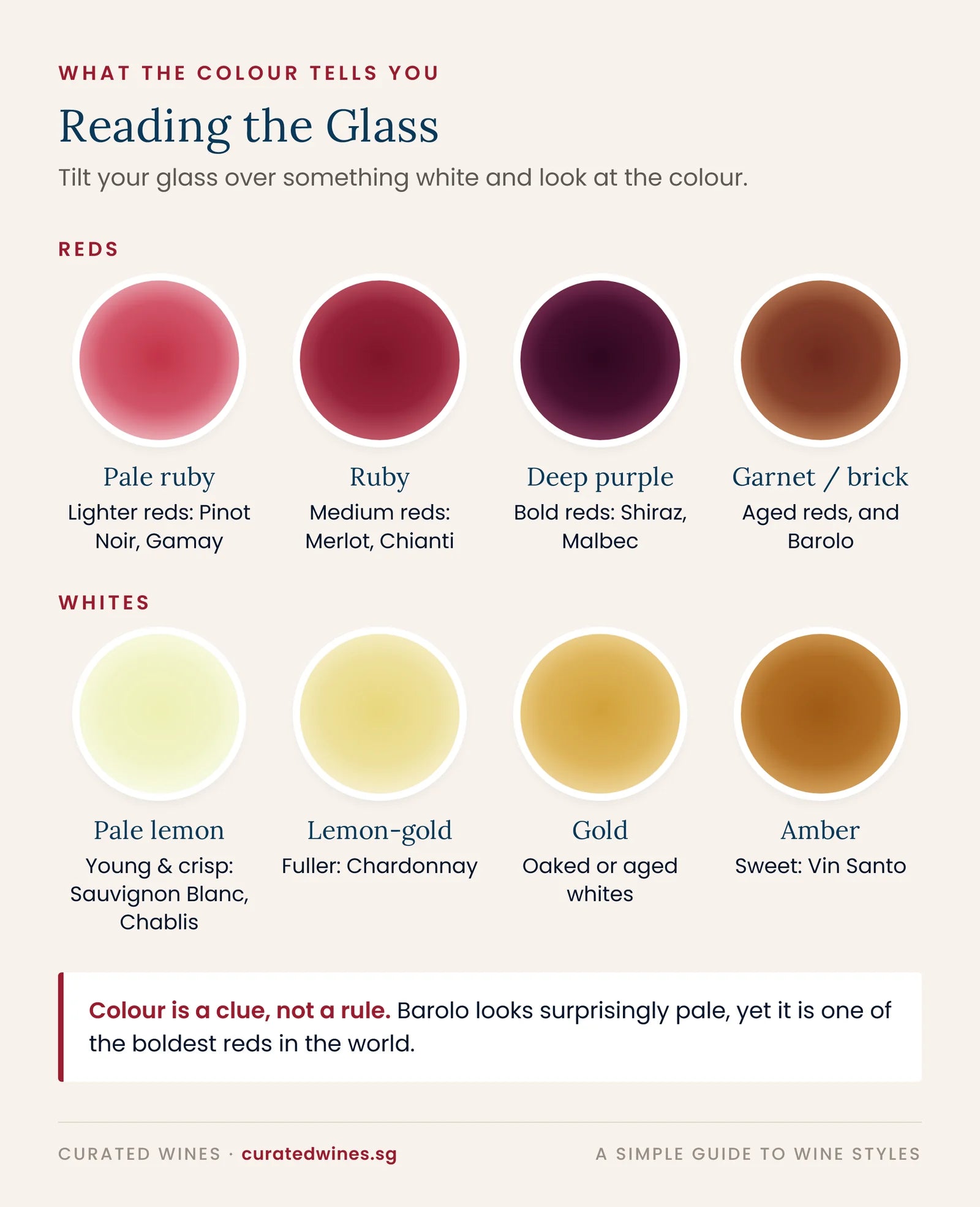 Wine colour guide: red wines from pale ruby to deep purple and brick, white wines from pale lemon to gold and amber